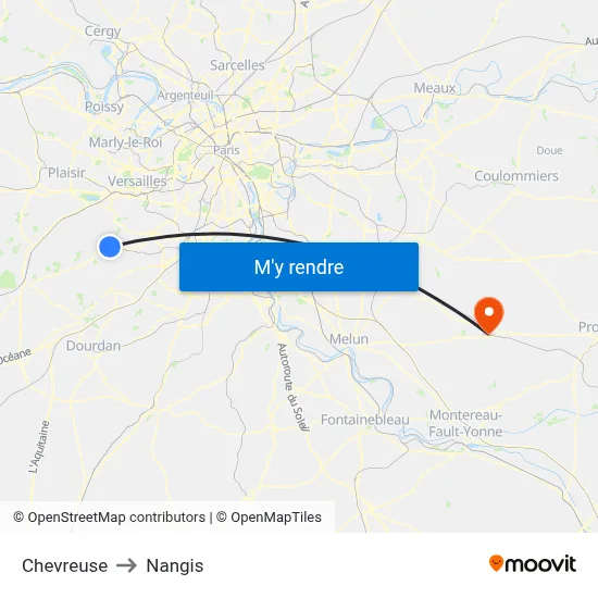 Chevreuse to Nangis map