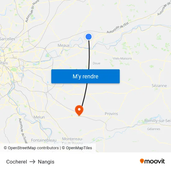 Cocherel to Nangis map
