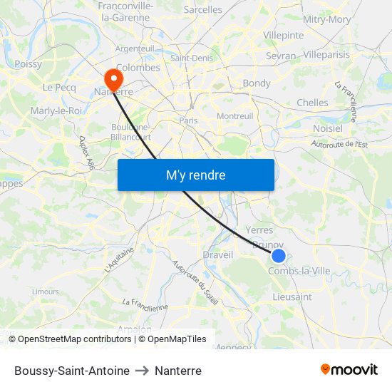 Boussy-Saint-Antoine to Nanterre map