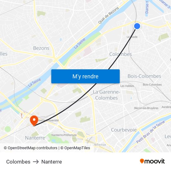 Colombes to Nanterre map