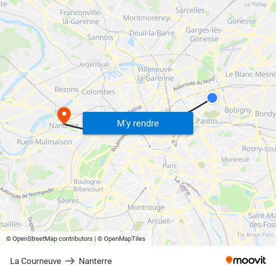 La Courneuve to Nanterre map