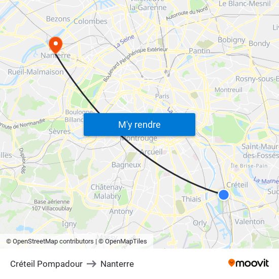 Créteil Pompadour to Nanterre map