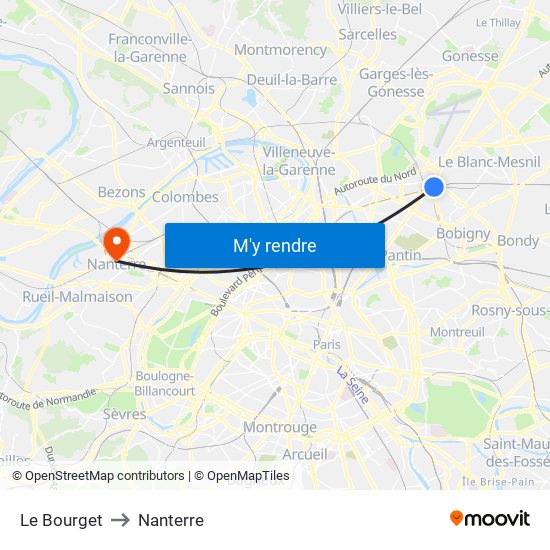 Le Bourget to Nanterre map