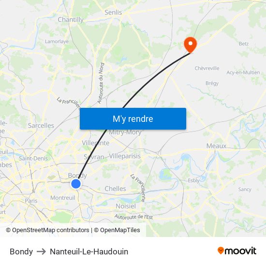 Bondy to Nanteuil-Le-Haudouin map