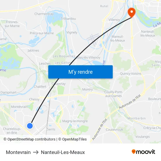Montevrain to Nanteuil-Les-Meaux map