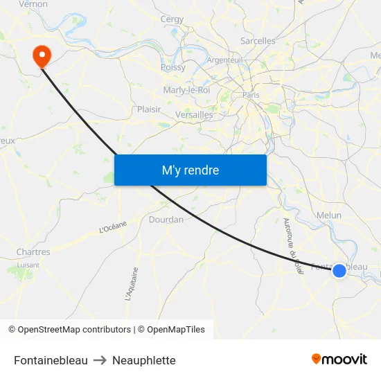 Fontainebleau to Neauphlette map