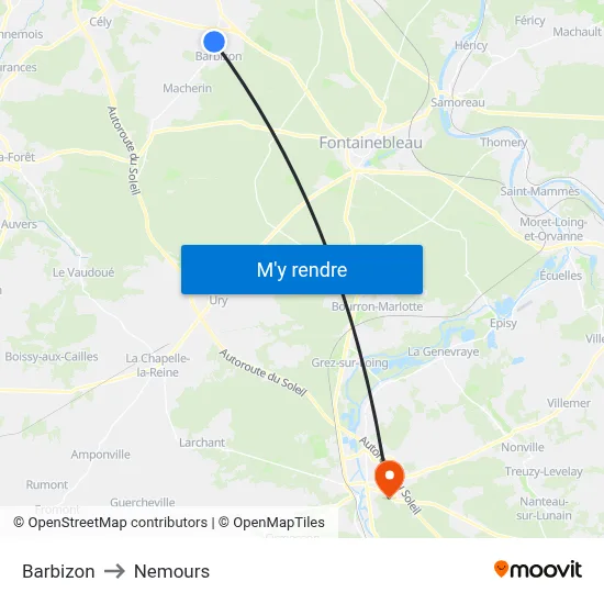 Barbizon to Nemours map