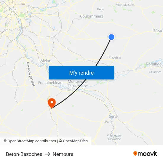 Beton-Bazoches to Nemours map