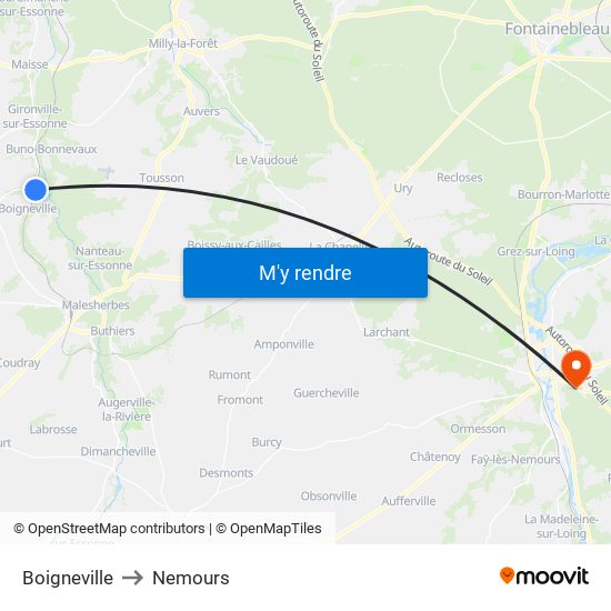 Boigneville to Nemours map