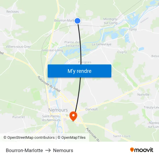 Bourron-Marlotte to Nemours map