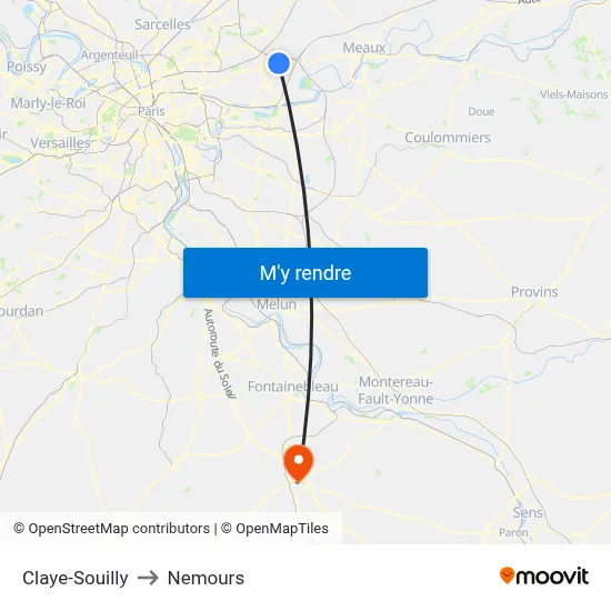 Claye-Souilly to Nemours map