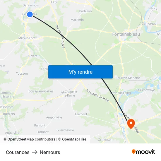 Courances to Nemours map