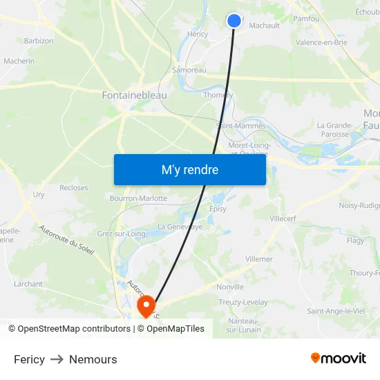 Fericy to Nemours map