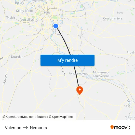Valenton to Nemours map
