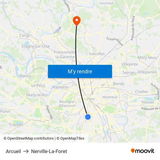 Arcueil to Nerville-La-Foret map