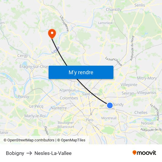 Bobigny to Nesles-La-Vallee map