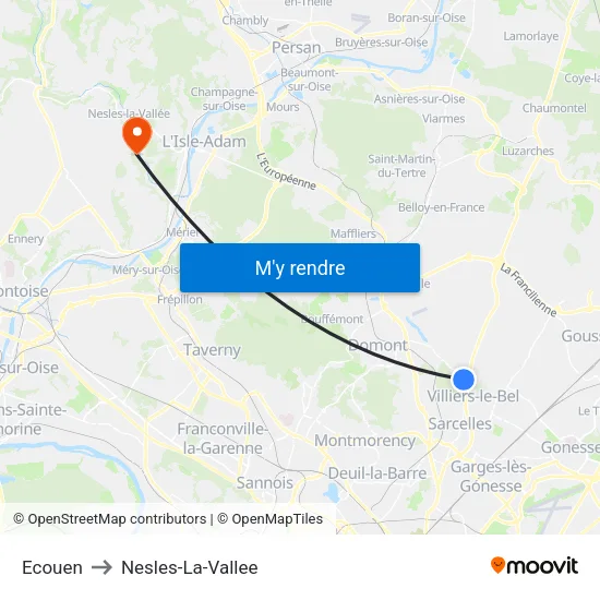 Ecouen to Nesles-La-Vallee map