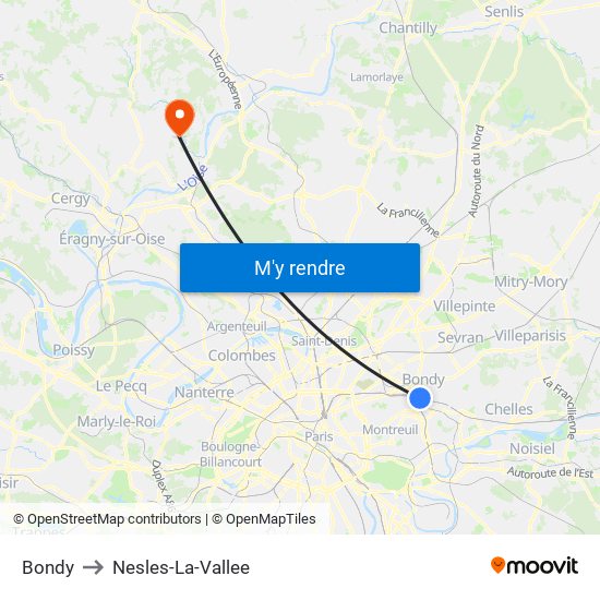 Bondy to Nesles-La-Vallee map