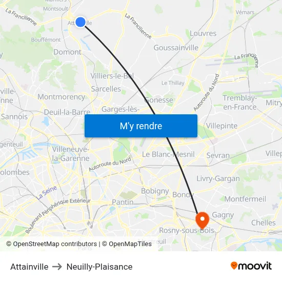 Attainville to Neuilly-Plaisance map