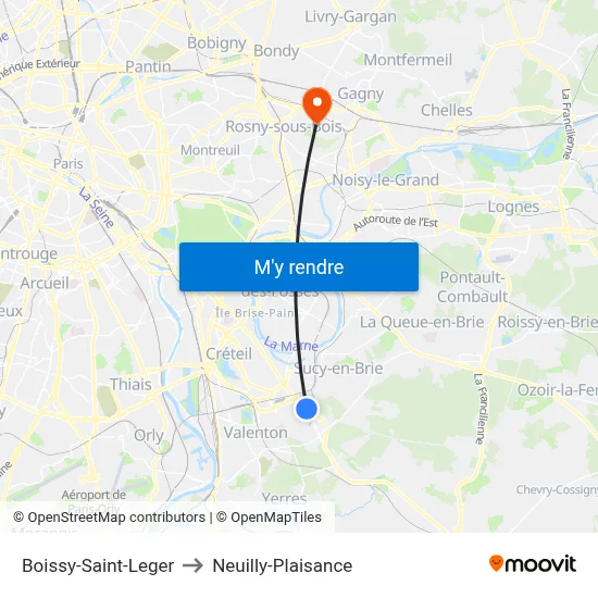 Boissy-Saint-Leger to Neuilly-Plaisance map