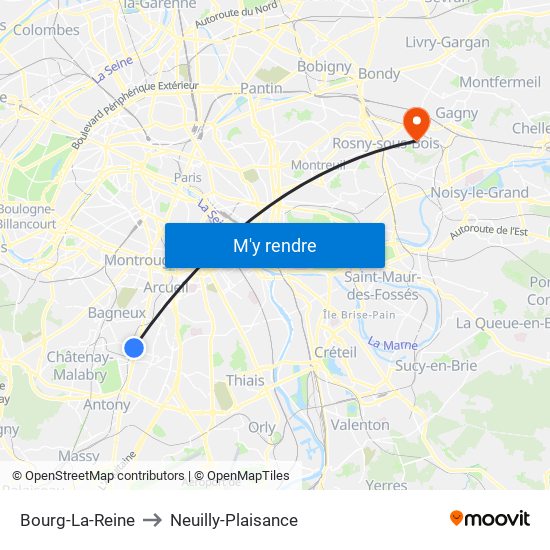 Bourg-La-Reine to Neuilly-Plaisance map