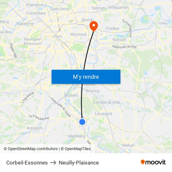 Corbeil-Essonnes to Neuilly-Plaisance map