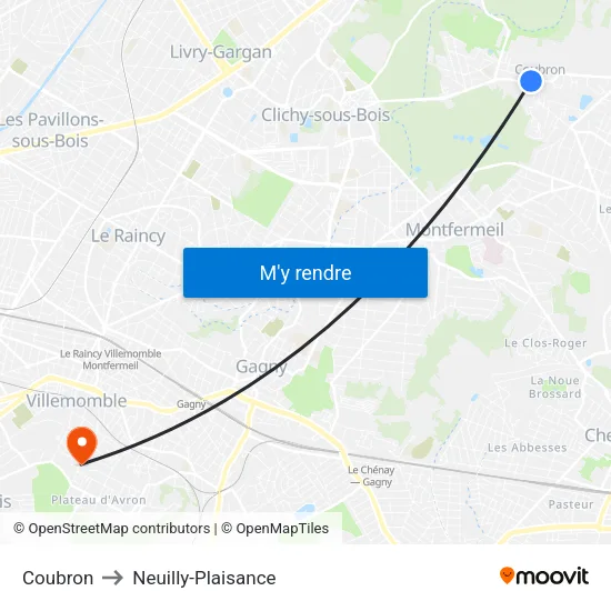 Coubron to Neuilly-Plaisance map