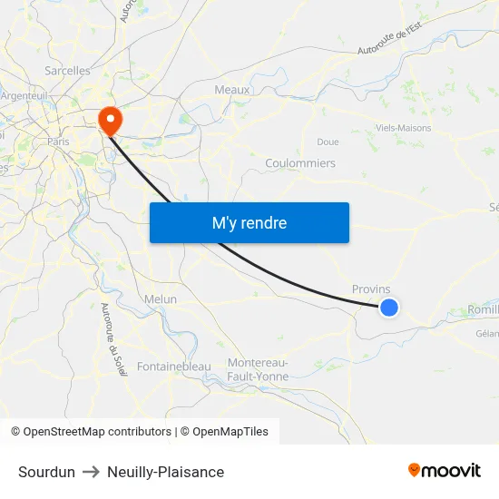 Sourdun to Neuilly-Plaisance map