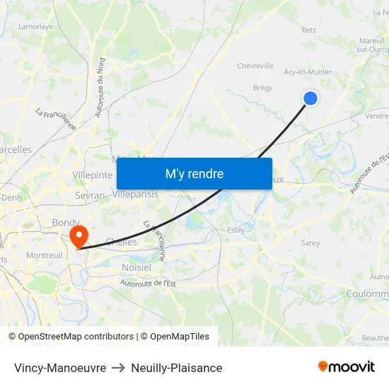 Vincy-Manoeuvre to Neuilly-Plaisance map