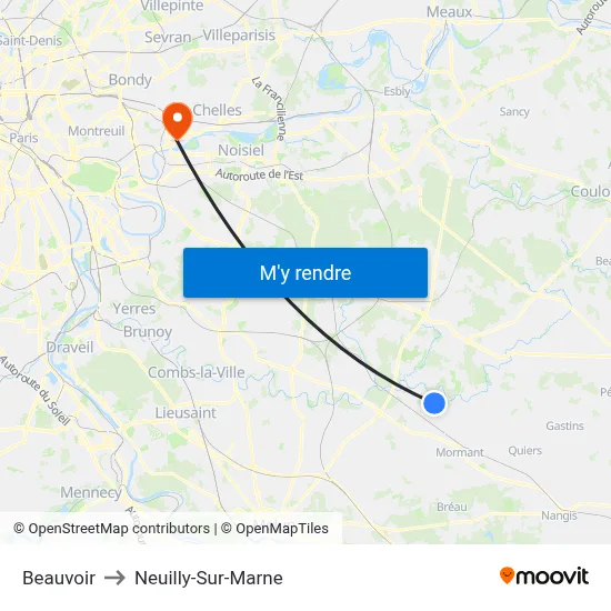 Beauvoir to Neuilly-Sur-Marne map