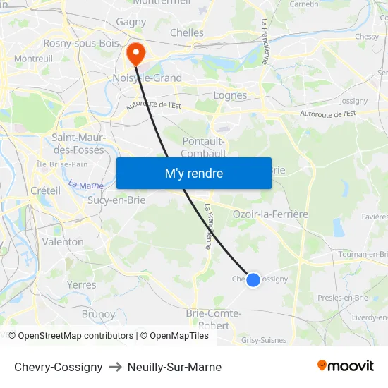 Chevry-Cossigny to Neuilly-Sur-Marne map