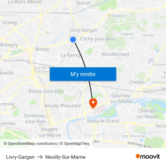 Livry-Gargan to Neuilly-Sur-Marne map