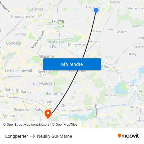 Longperrier to Neuilly-Sur-Marne map