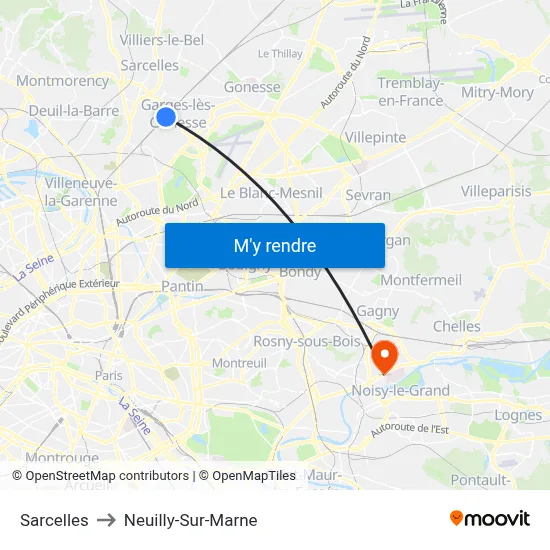 Sarcelles to Neuilly-Sur-Marne map