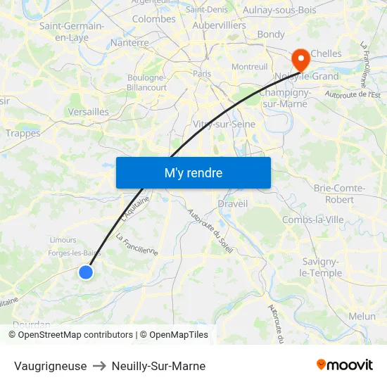 Vaugrigneuse to Neuilly-Sur-Marne map