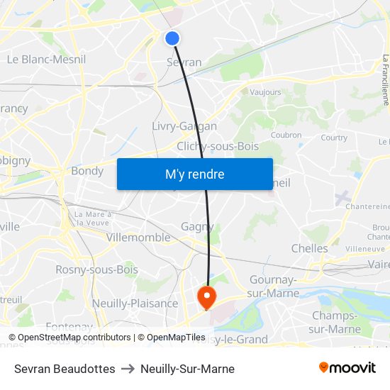 Sevran Beaudottes to Neuilly-Sur-Marne map