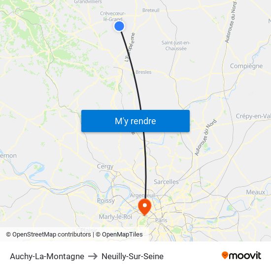 Auchy-La-Montagne to Neuilly-Sur-Seine map