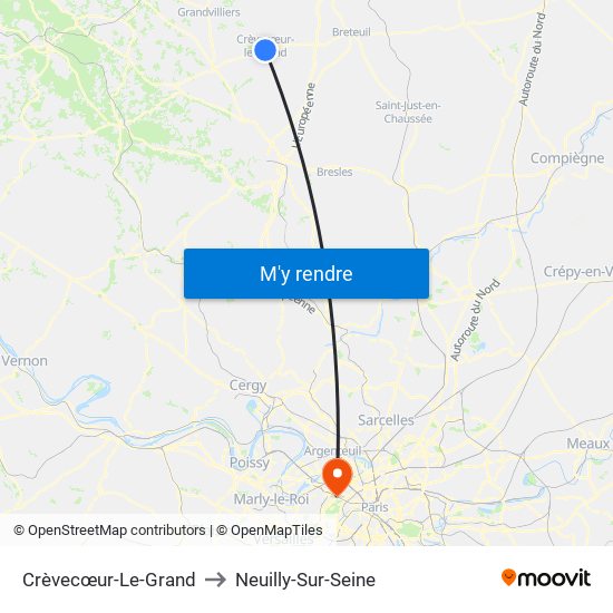 Crèvecœur-Le-Grand to Neuilly-Sur-Seine map