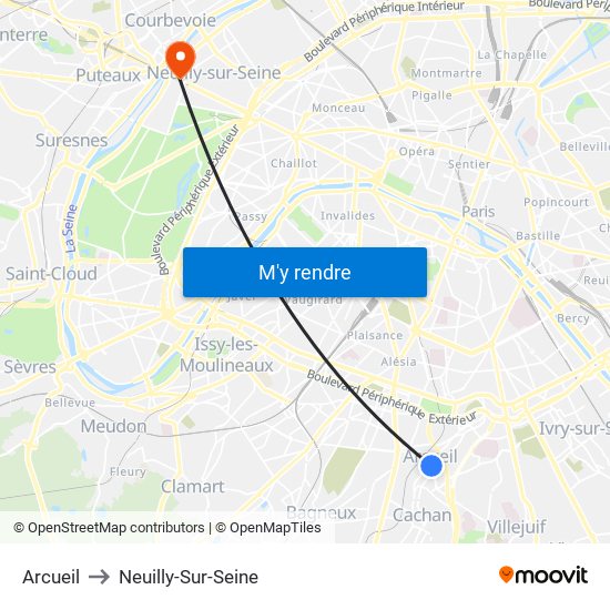 Arcueil to Neuilly-Sur-Seine map