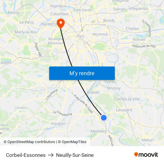 Corbeil-Essonnes to Neuilly-Sur-Seine map