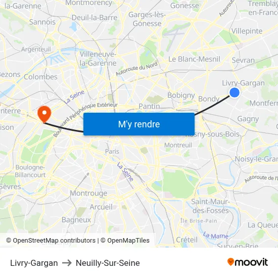 Livry-Gargan to Neuilly-Sur-Seine map