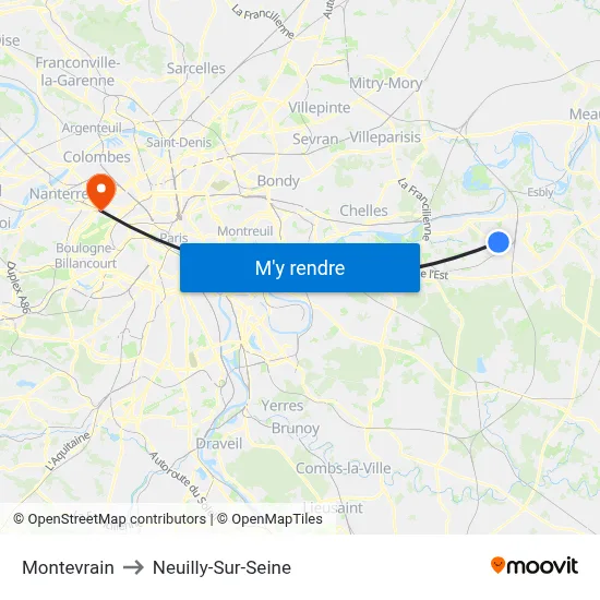 Montevrain to Neuilly-Sur-Seine map