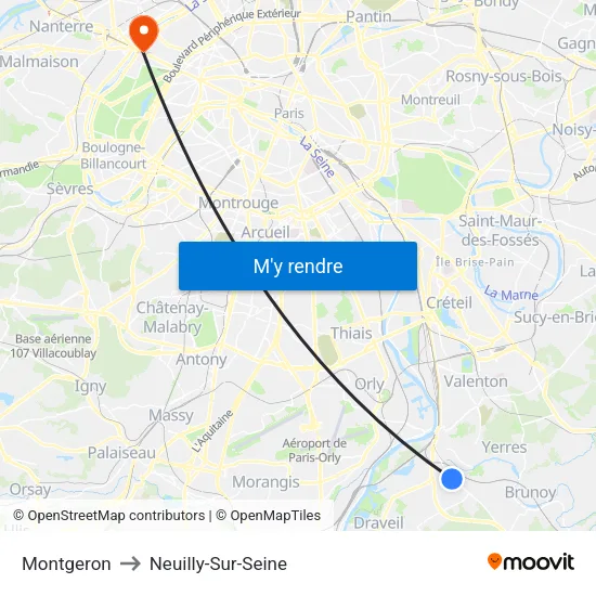 Montgeron to Neuilly-Sur-Seine map