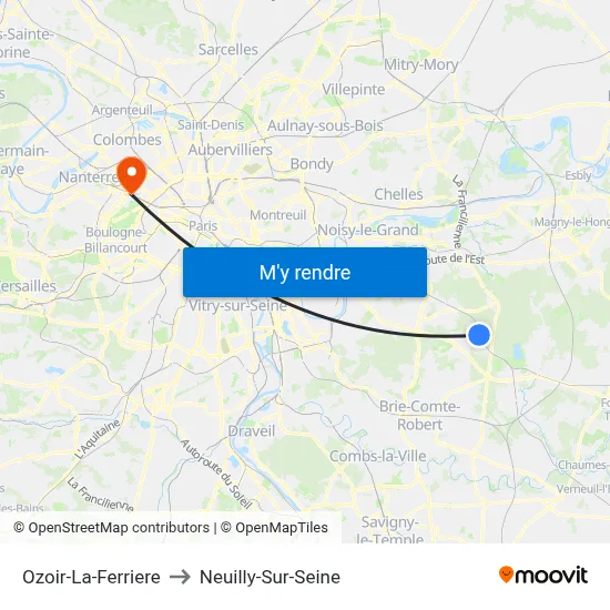 Ozoir-La-Ferriere to Neuilly-Sur-Seine map
