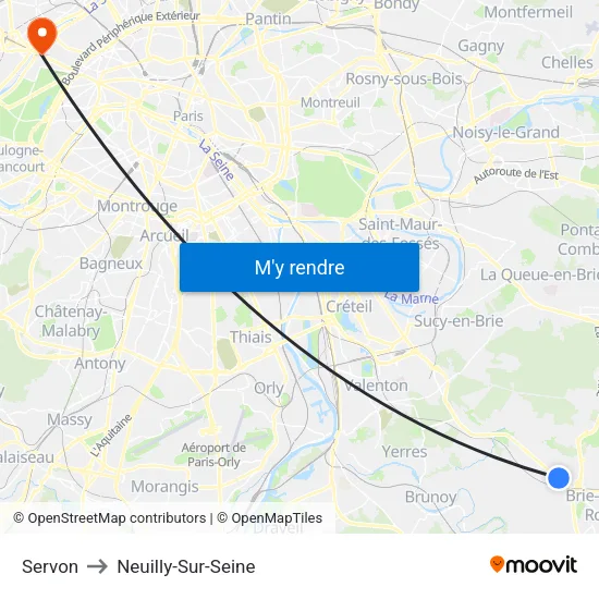 Servon to Neuilly-Sur-Seine map