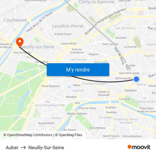 Auber to Neuilly-Sur-Seine map