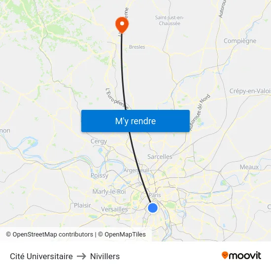Cité Universitaire to Nivillers map