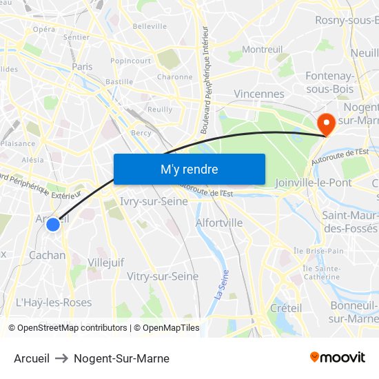 Arcueil to Nogent-Sur-Marne map