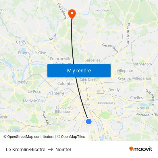Le Kremlin-Bicetre to Nointel map