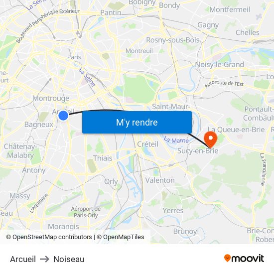 Arcueil to Noiseau map